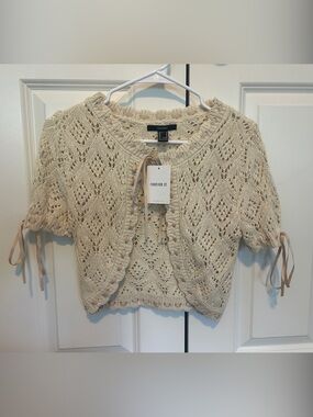 Forever 21 Cream Crochet Tie-Detail Short Cardigan